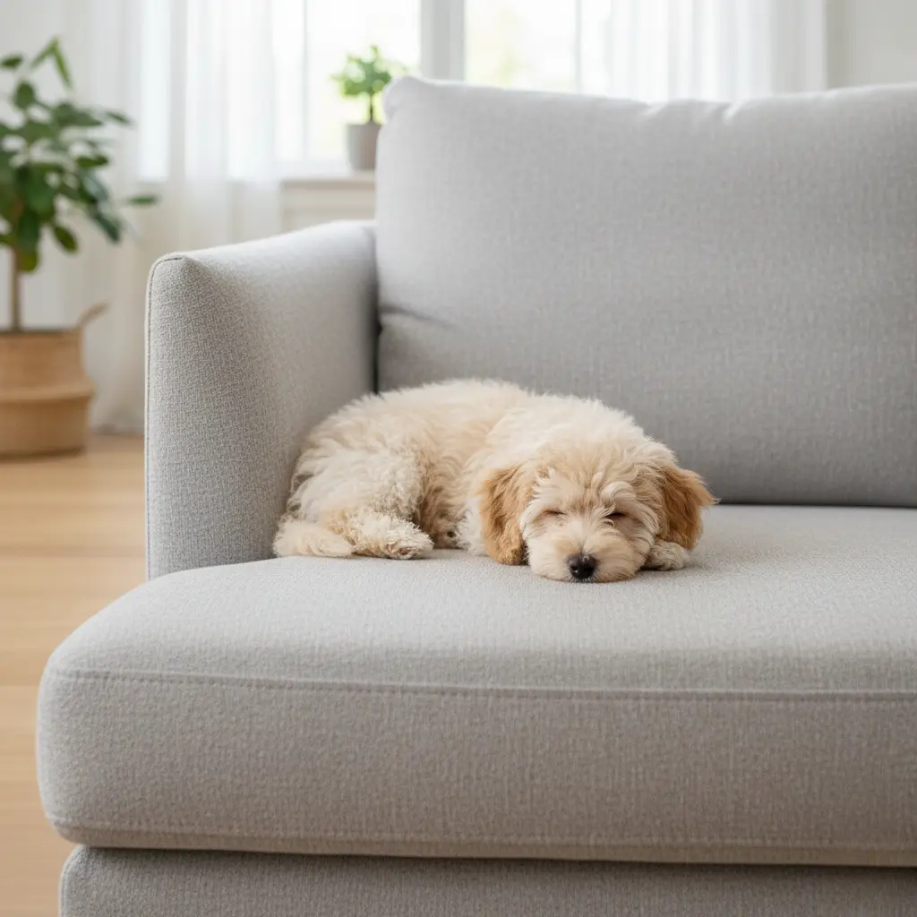 En liten ljus valp som sover tryggt i en ljusgrå soffa i ett hemtrevligt vardagsrum.