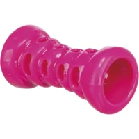 Ett rosa benformat hundleksak i glansigt TPR-material, liggandes på ett ljust golv.