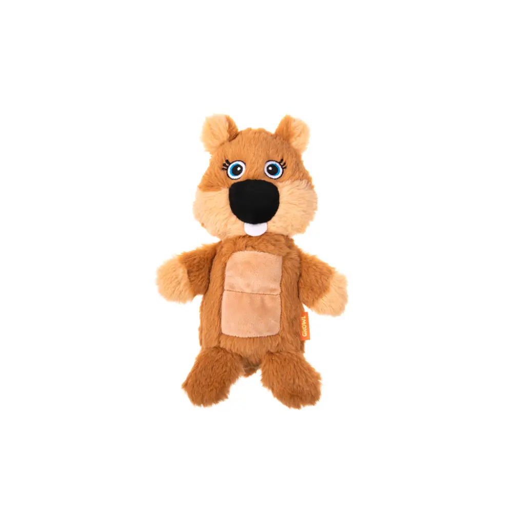 En söt, brun hundleksak formad som en bäver med stora ögon från märket Growl Belly Boomerz Benny the Beaver.