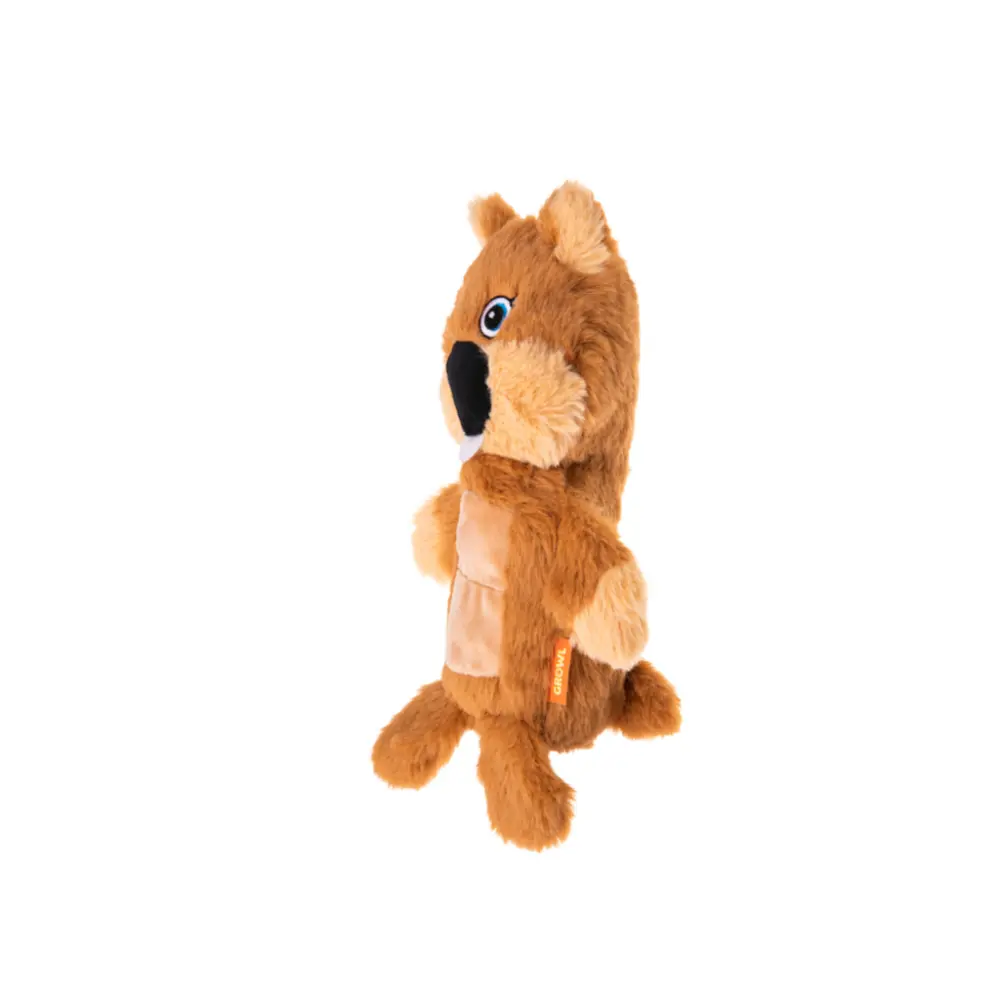 En söt, brun hundleksak formad som en bäver med stora ögon från märket Growl Belly Boomerz Benny the Beaver.