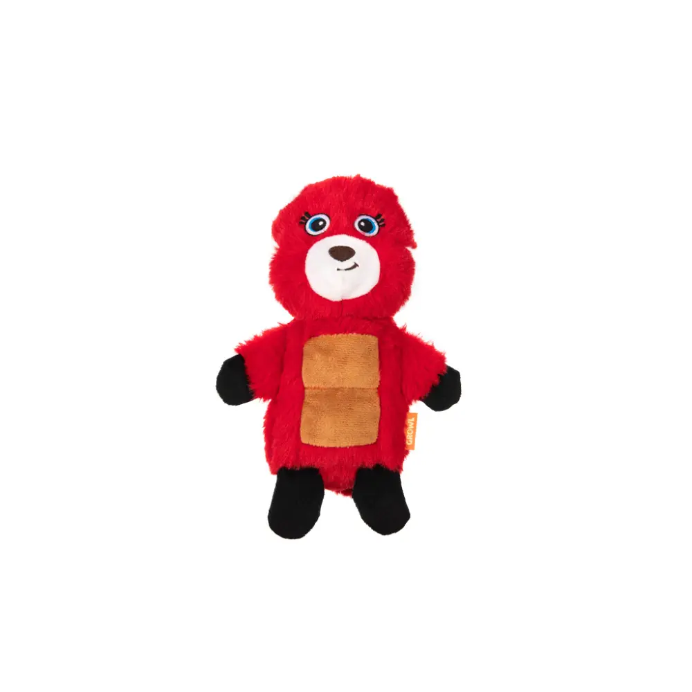 En söt och färgstark hundleksak formad som en röd panda från märket Growl Belly Boomerz Riley the Red Panda.