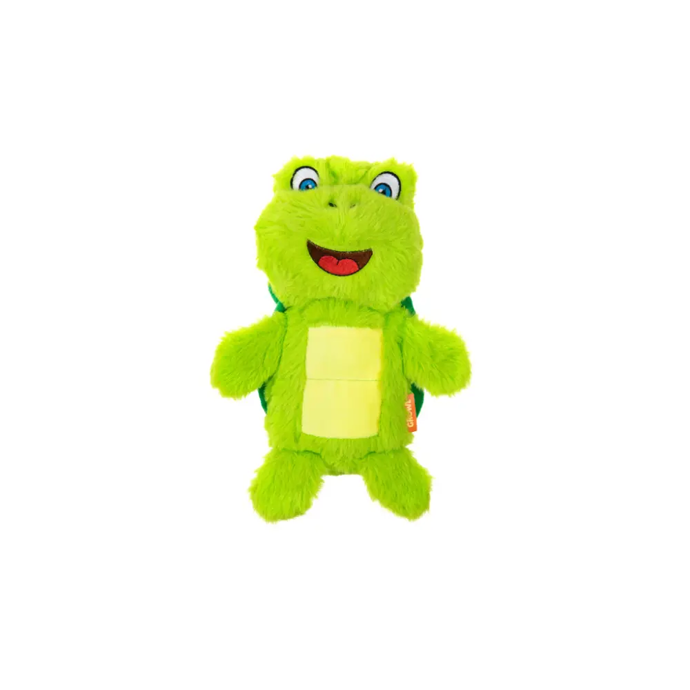 En glad och grön hundleksak formad som en söt sköldpadda från märket Growl Belly Boomerz Tina the Turtle.
