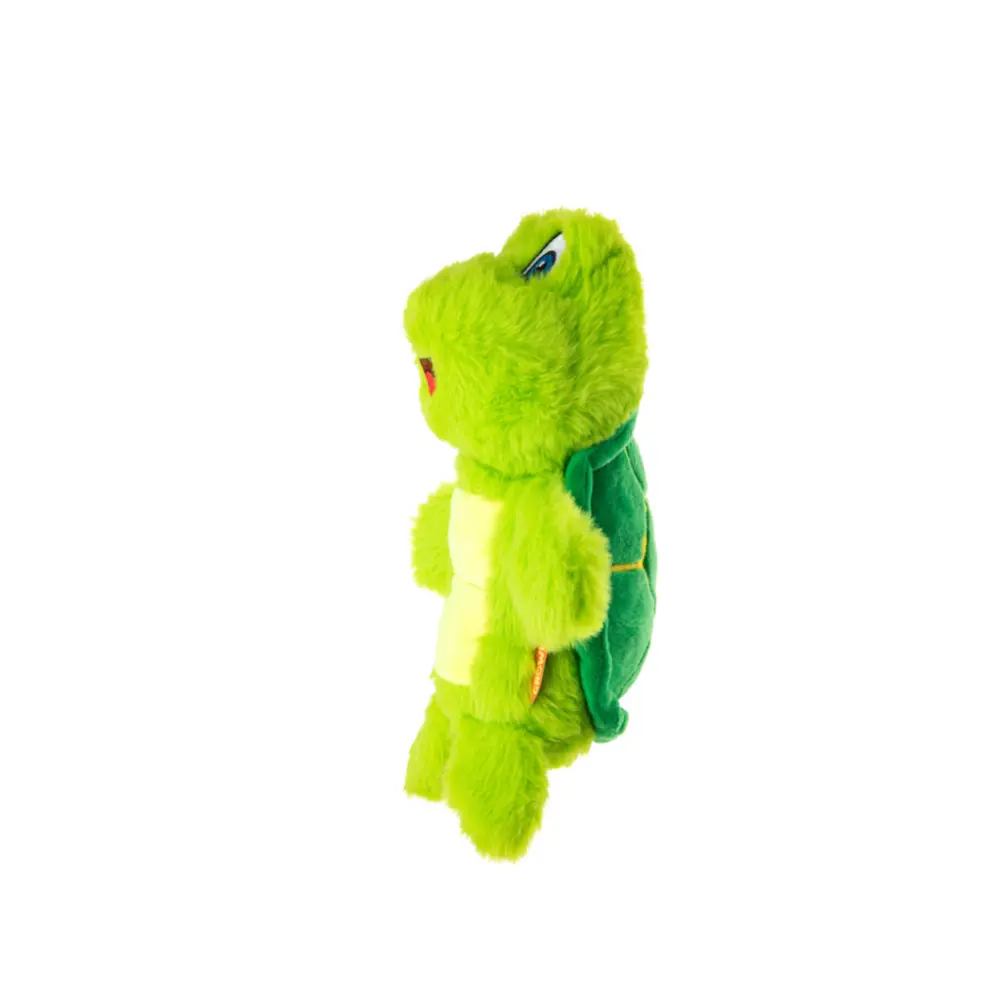 En glad och grön hundleksak formad som en söt sköldpadda från märket Growl Belly Boomerz Tina the Turtle.