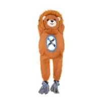 n supersöt och färgglad hundleksak formad som ett lejon med ett kraftigt, genomgående dragrep i blått från märket Growl Jungle Tugz Louie the Lion.