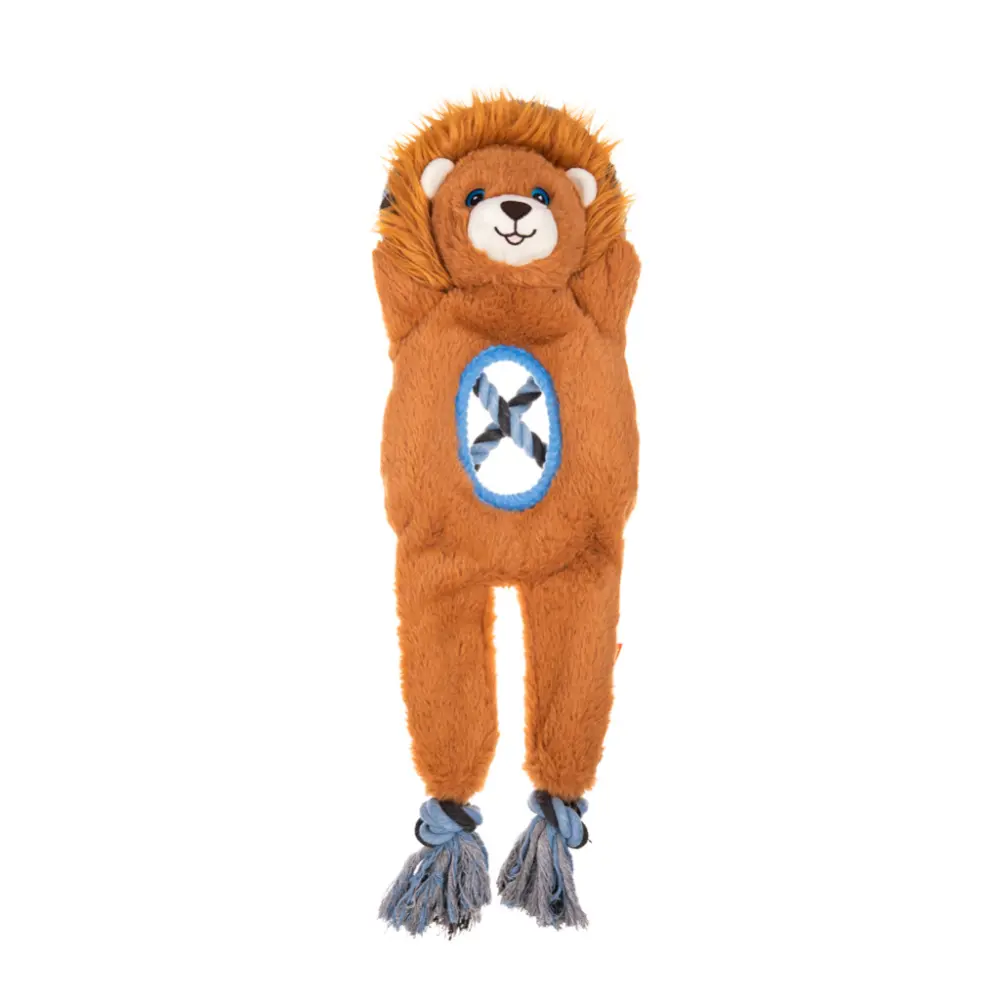 n supersöt och färgglad hundleksak formad som ett lejon med ett kraftigt, genomgående dragrep i blått från märket Growl Jungle Tugz Louie the Lion.