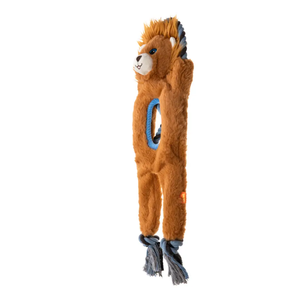 n supersöt och färgglad hundleksak formad som ett lejon med ett kraftigt, genomgående dragrep i blått från märket Growl Jungle Tugz Louie the Lion.