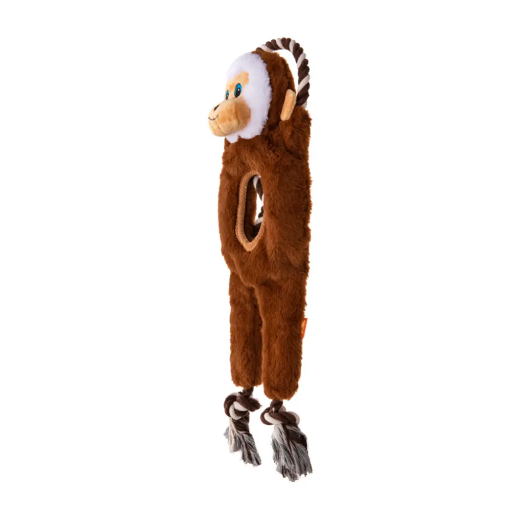 En rolig och färgglad hundleksak formad som en apa med ett kraftigt, genomgående dragrep från märket Growl Jungle Tugz Max the Monkey.