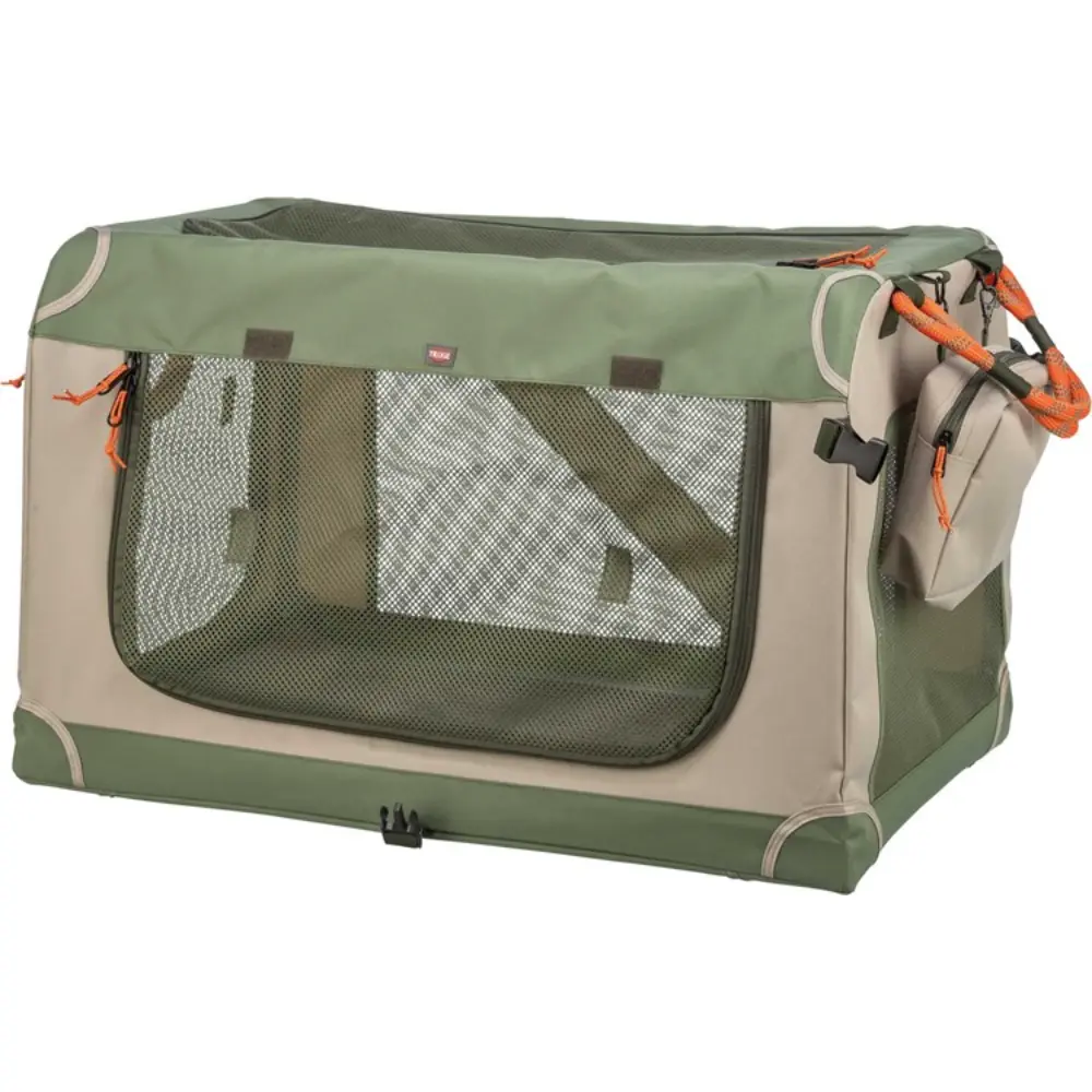 En snygg och praktisk olivgrön och beige canvasbur för hund, tillverkad i slitstarkt tyg med stora nätfönster för bra ventilation.