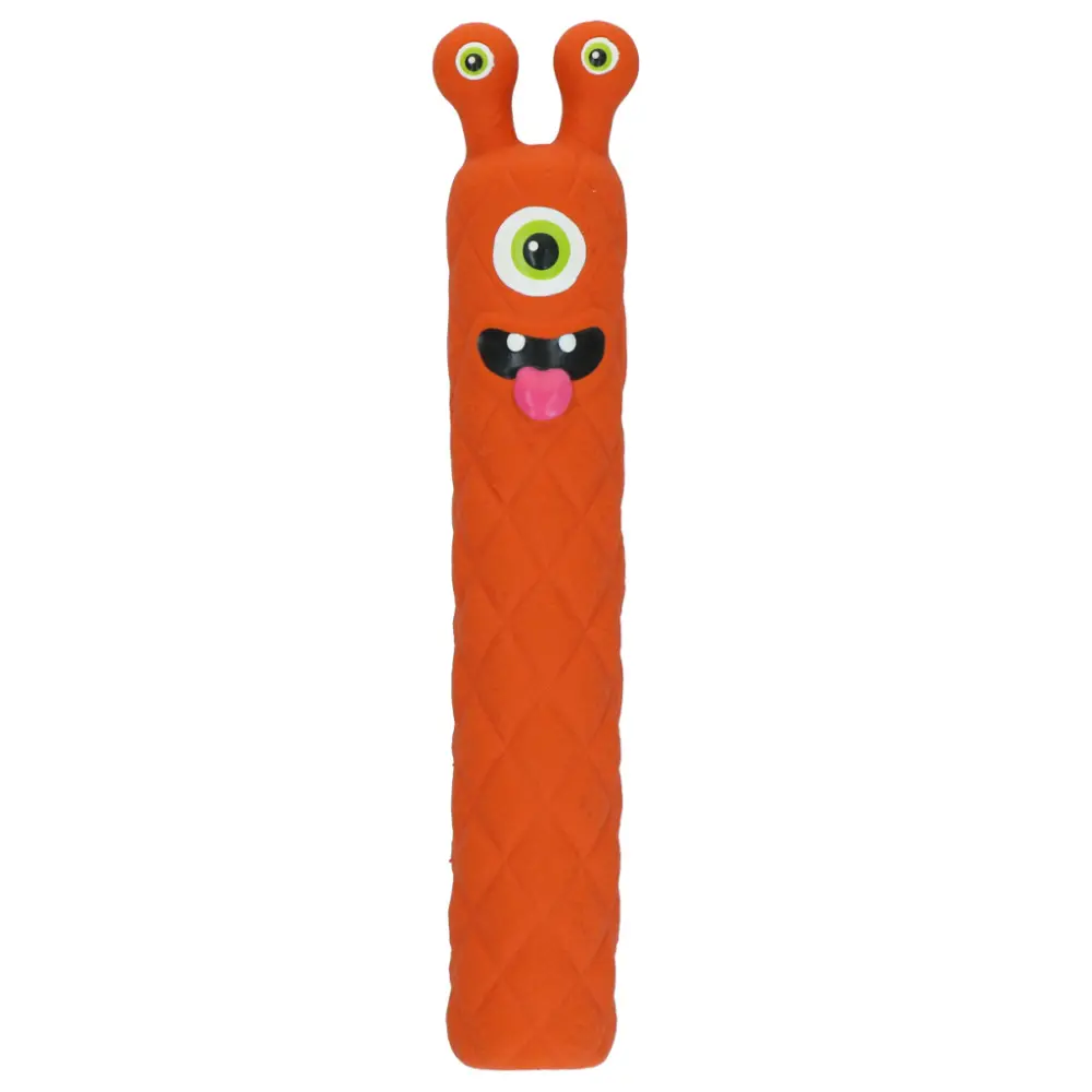 En rolig orange hundleksak i latex från Dog Comets formad som ett knasigt monster med ett stort öga och två horn på huvudet.