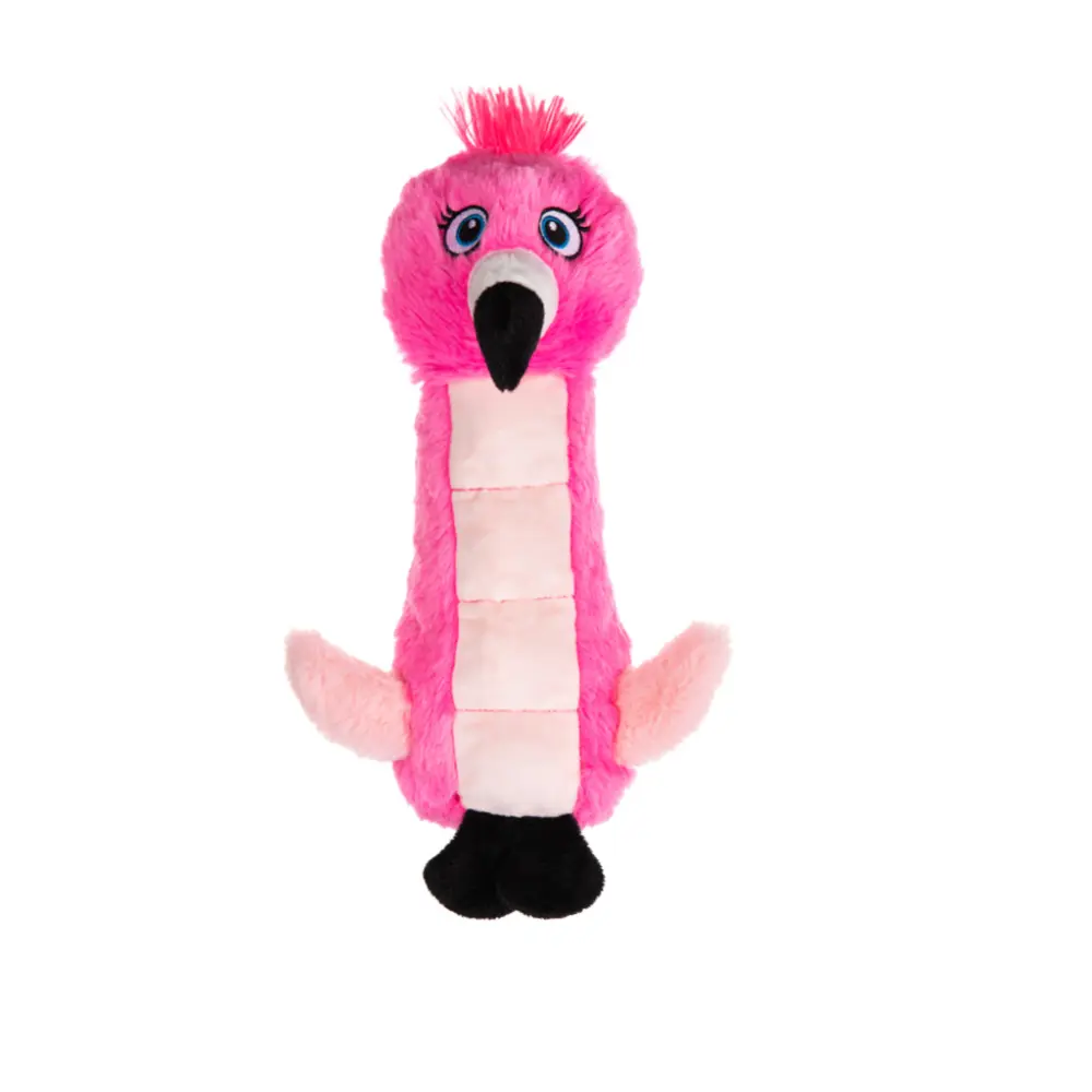 En färgstark och söt rosa hundleksak formad som en flamingo med ljusrosa vingar från märket Growl Belly Burdz Fiona the Flamingo.