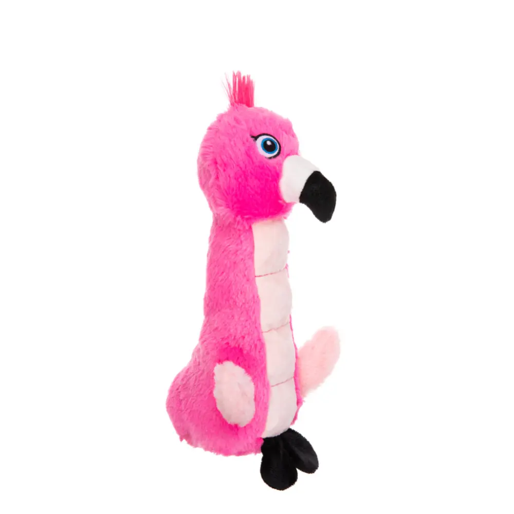 En färgstark och söt rosa hundleksak formad som en flamingo med ljusrosa vingar från märket Growl Belly Burdz Fiona the Flamingo.