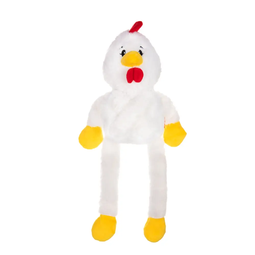 En söt och mjuk hundleksak formad som en vit kyckling med gula fötter och rörliga dragarmar från märket Growl Pulldozers Chuck the Chicken.