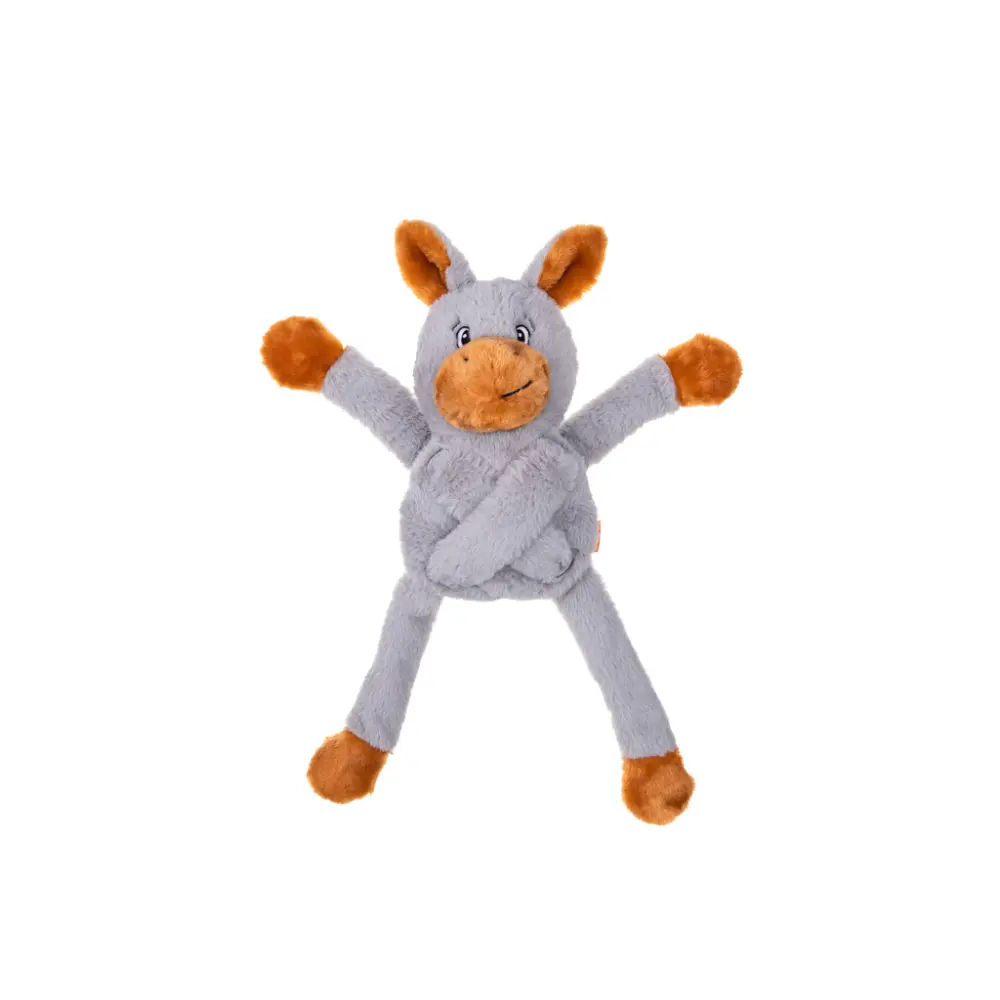 En söt, grå hundleksak formad som en åsna med bruna öron och rörliga pull-through-ben från märket Growl Pulldozers Denny the Donkey.