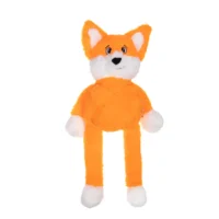 En söt och fluffig orange hundleksak formad som en räv med vita tassar och rörliga pull-through-ben från märket Growl Pulldozers Freddy the Fox.