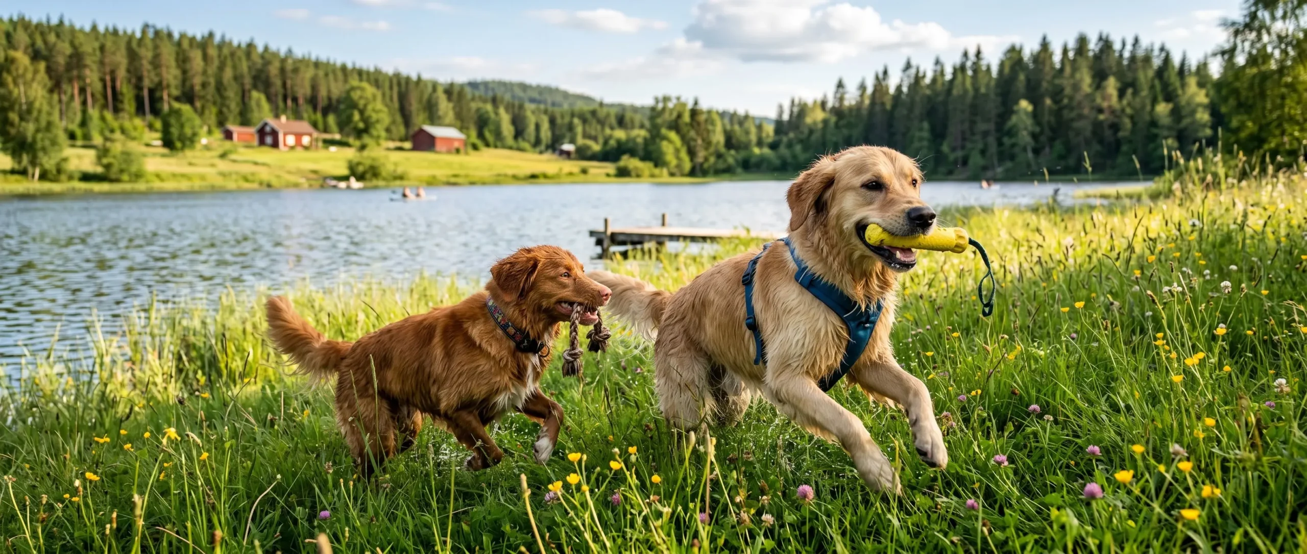 Sommar bild på två hundar som springer på en äng vid en sjö
