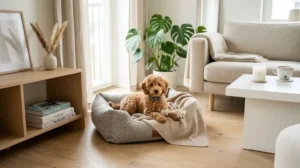 En liten söt hundvalp som ligger tryggt på en mjuk valpbädd