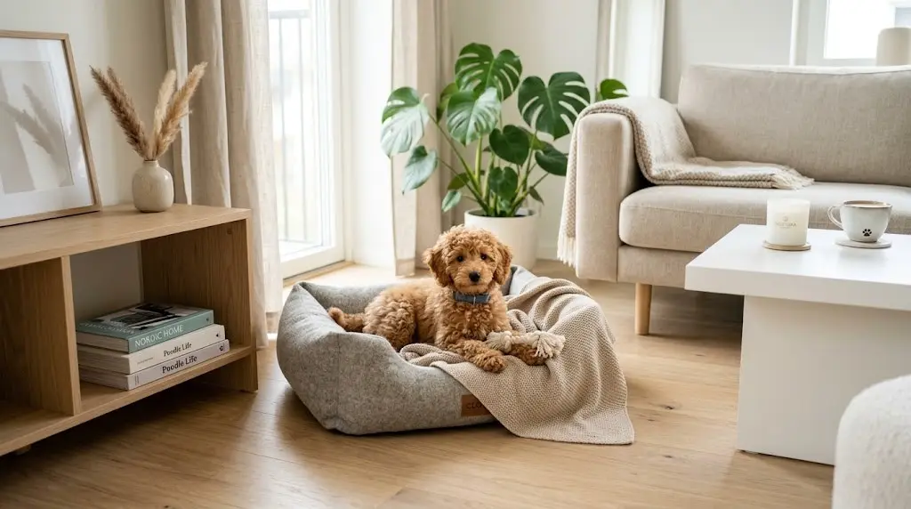 En liten söt hundvalp som ligger tryggt på en mjuk valpbädd