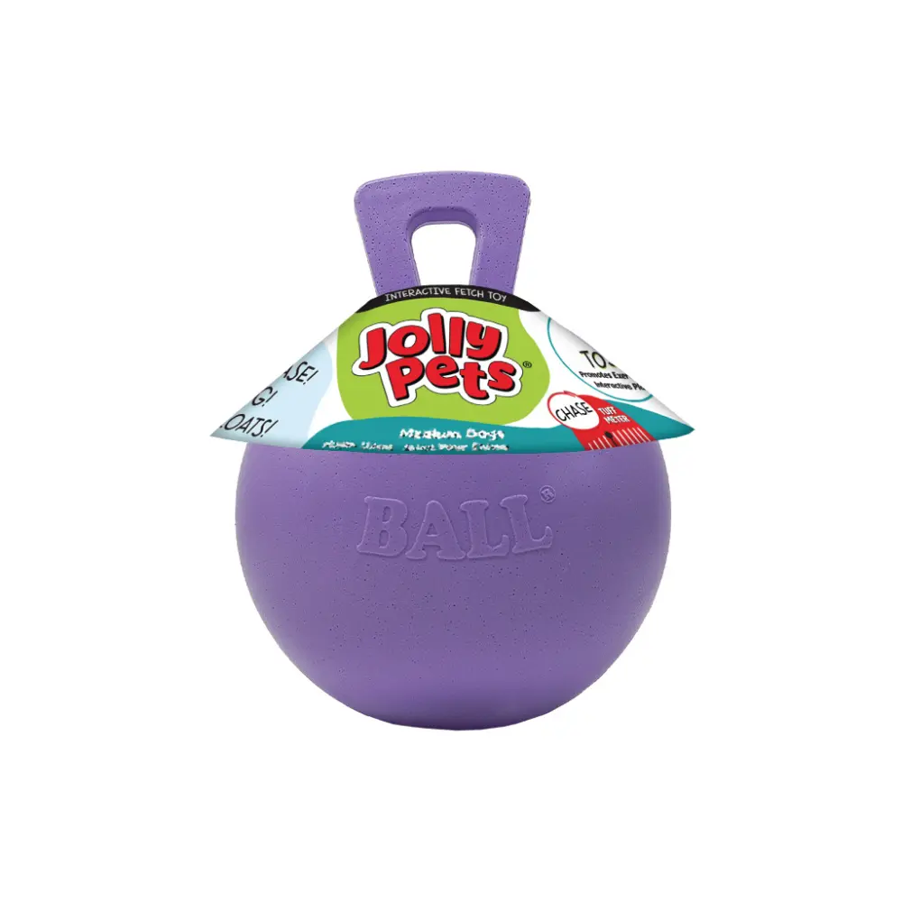 Jolly Tug-n-Toss ljuslila hundboll med handtag för lek och apportering